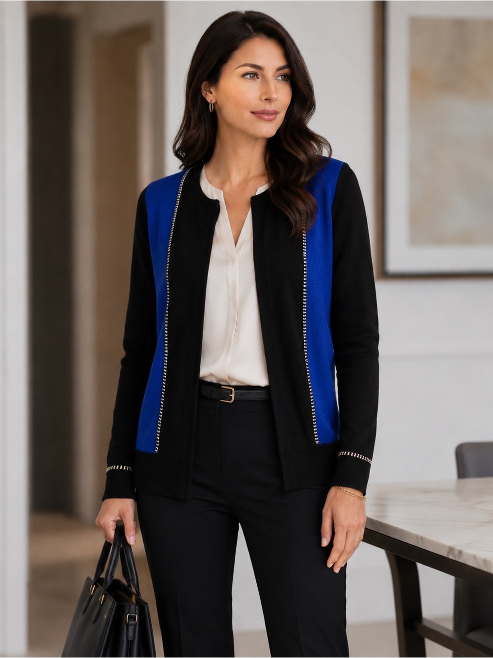 Maje Cardigan Blue & Black Chain-embellished Cardigan Color-block Sweater Small